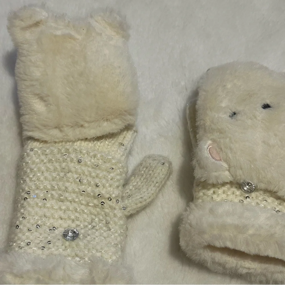 Kids Polar Bear White Sparkle Mittens Cute Design Dimond Open & Close No Damages